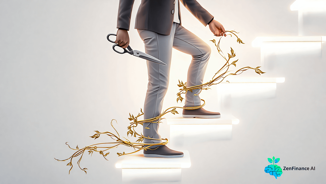 A person calmly cutting golden vines that represent lifestyle creep while climbing a staircase.