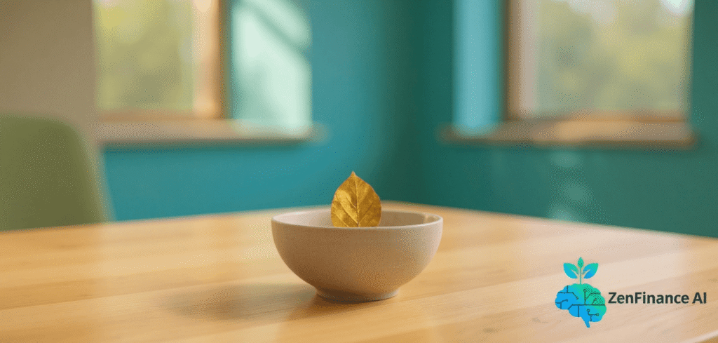 A single golden leaf in a ceramic bowl in a minimalist room, representing financial minimalism.